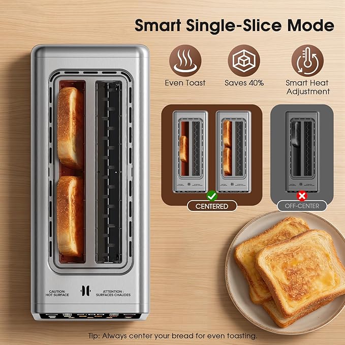 Toaster 4 Slice Long Slot with Digital Touchscreen & 1-Touch Memory for Family | Stainless Steel for Bagels & Artisan Bread | Defrost Reheat & Single-Slice Modes