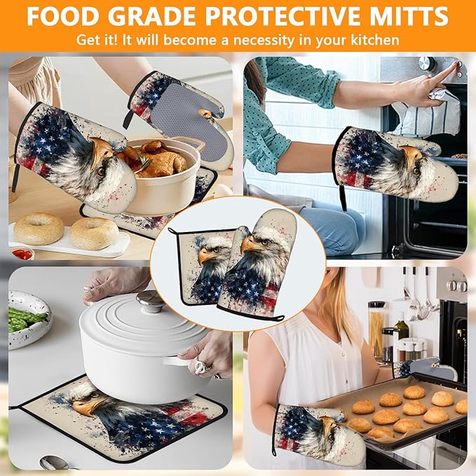 American Flag Eagle Oven Mitts and Pot Holders Sets 4Pcs Silicone Non-Slip Mitts Heat Resistant Gloves Hot Pads for Kitchen Cooking Baking Grilling BBQ