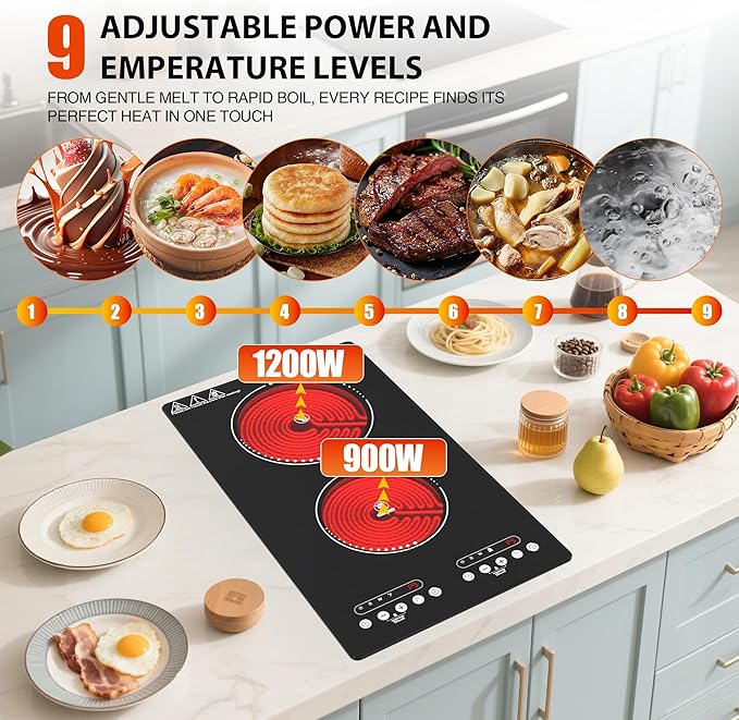 Electric Cooktop 2 Burner: 12 Inch Built-in Electric Stove Top with Dual Heating Rings, Child Lock & Keep-Warm – Portable Countertop Burner for Kitchen, RV, Apartment, All Cookware Compatible