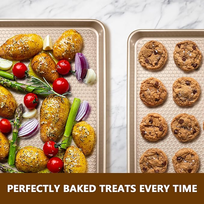 Wildone 2 Pack Half Sheet Baking Pans, Honeycomb Embossed Nonstick Baking Sheet 17.5x12 In, Thicker Carbon Steel Cookie Sheet, Even Heating & Warp Resistant, Champagne Gold