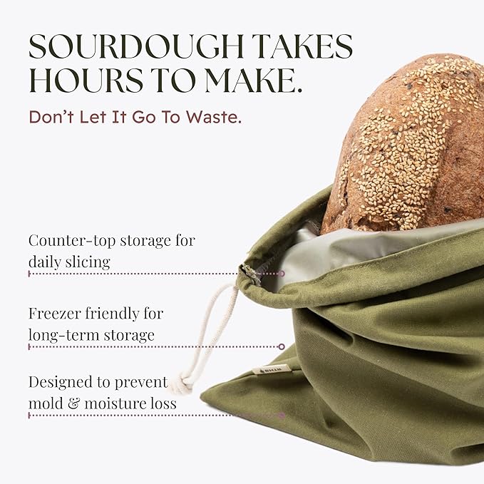 Sourdough Bread Bags for Homemade Bread, 2 Pack, Reusable Cotton Linen, Machine Washable, Freezer Safe - BPA-Free TPU Liner, Fits 2 Loaves Each, Beeswax Wrap Alternative, Drawstring Closure
