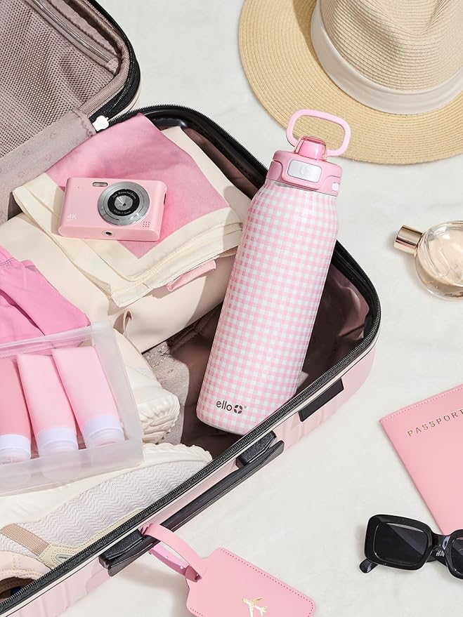 Ello Pop & Fill 32oz Stainless Steel Water Bottle with QuickFill Technology, Double Walled and Vacuum Insulated Metal, Leak Proof Locking Lid, Straw and Chug, Reusable, BPA Free, Pink Gingham