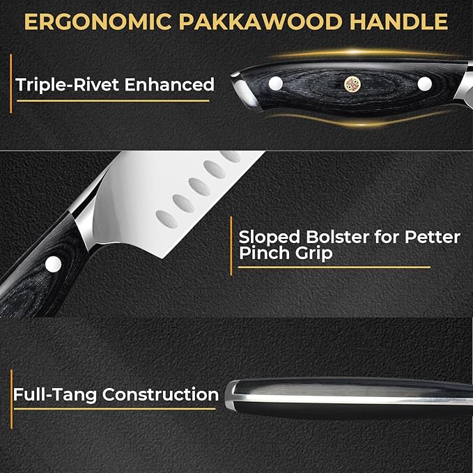Chef Knife, 7 Inch Ultra Sharp Japanese Santoku Knife, High Carbon Steel Forged Professional Kitchen Knife with Full Tang Triple-Riveted Ergonomic Handle for Slicing, Chopping, Dicing