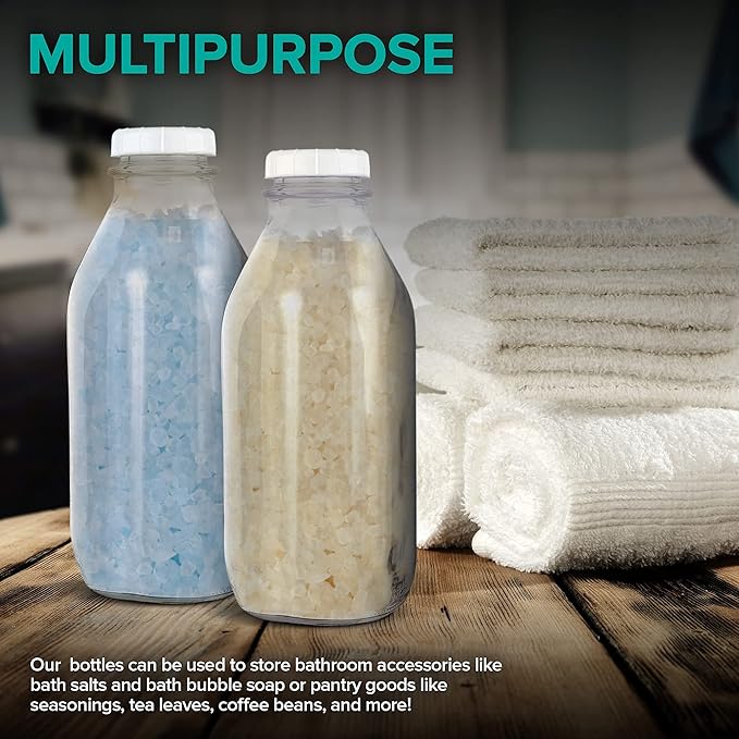 Stock Your Home Liter Glass Milk Bottles (2 Pack) - 32-Oz Milk Jars with Lids - Food Grade Glass Bottles - Dishwasher Safe - Bottles for Milk, Buttermilk, Honey, Maple Syrup, Jam, BBQ Sauce