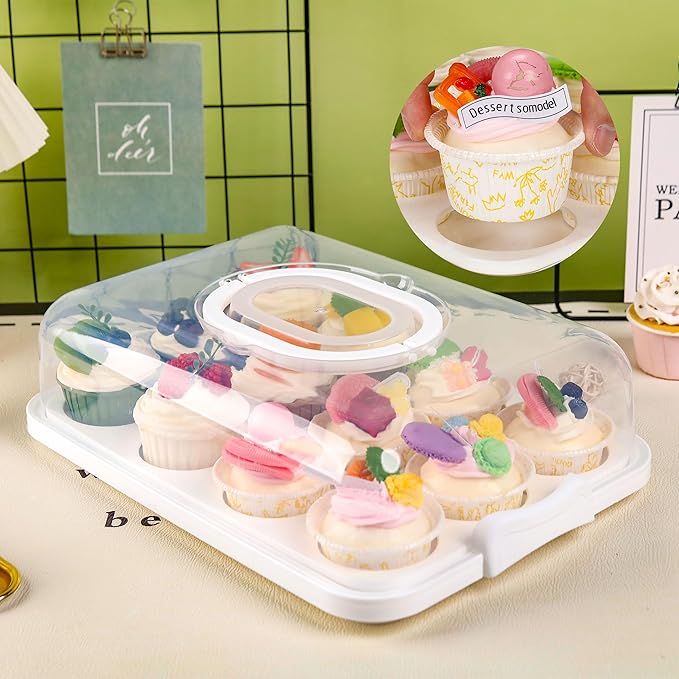 NPLUX Cupcake Containers with Lid Rectangular Cake Carrier 3-in-1 Multipurpose Cupcake Holder for Muffins Pies Sweets Pastries Fruit or Snacks (White, 13" x 9" x 4")