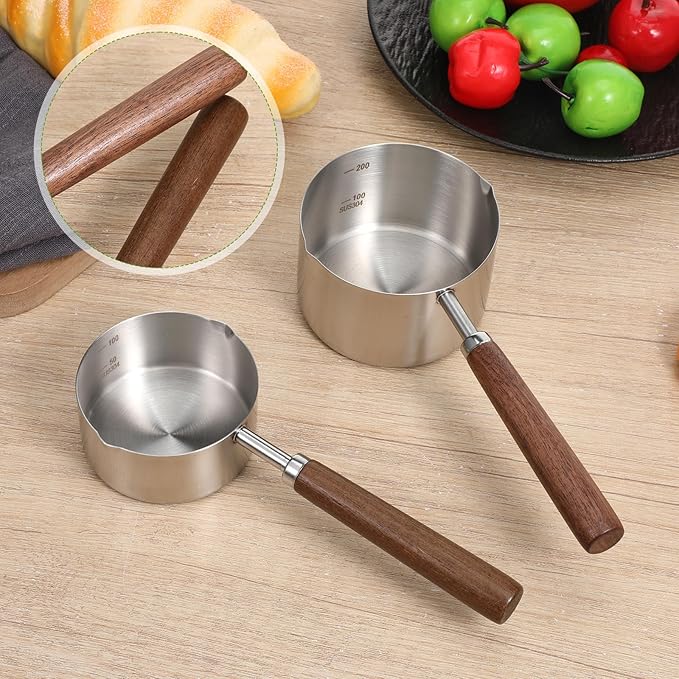 2 Pcs 18/10 Stainless Steel Butter Warmer Measuring Pan 8.5 oz and 4.2 oz Milk Coffee Chocolate Butter Melting Pot with Dual Pour Spout and Wooden Handle for Induction Cookers and Gas Stoves