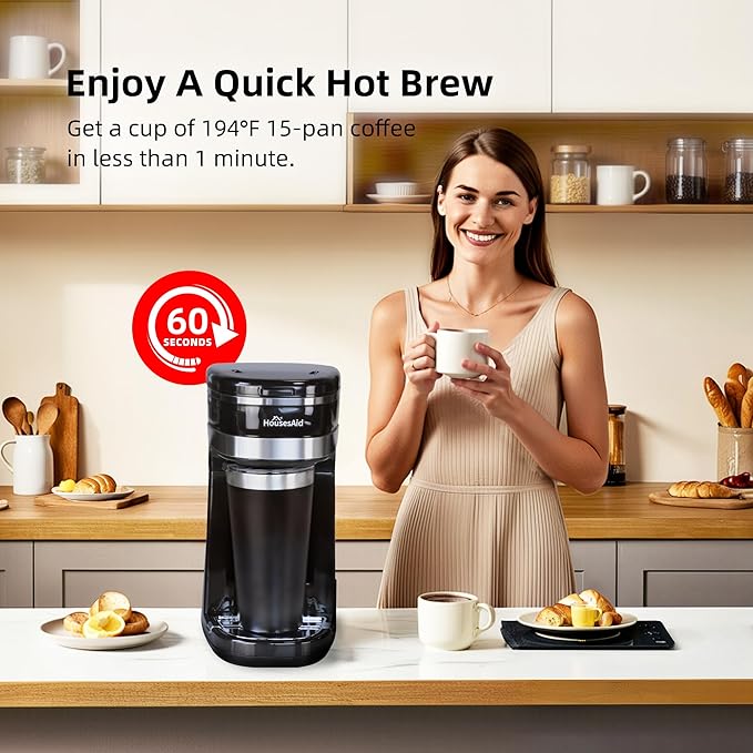 Coffee Machine,Single Serve Coffee Maker,One Cup Coffee Maker with Reusable Filter&One-touch Control Button,Portable Brewer for Camping,Travel&Home,Easy To Clean& Store,15oz/450ml,Black