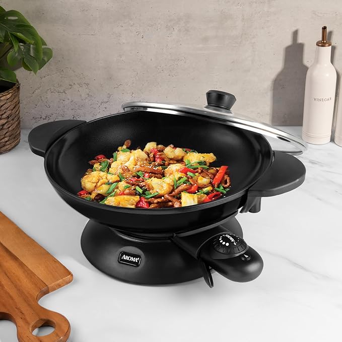 Aroma Housewares AEW-306 Electric Wok with Tempered Glass Lid Easy Clean Nonstick, Cooking Chopsticks, Tempura and Steaming Racks, Professional Model, Black