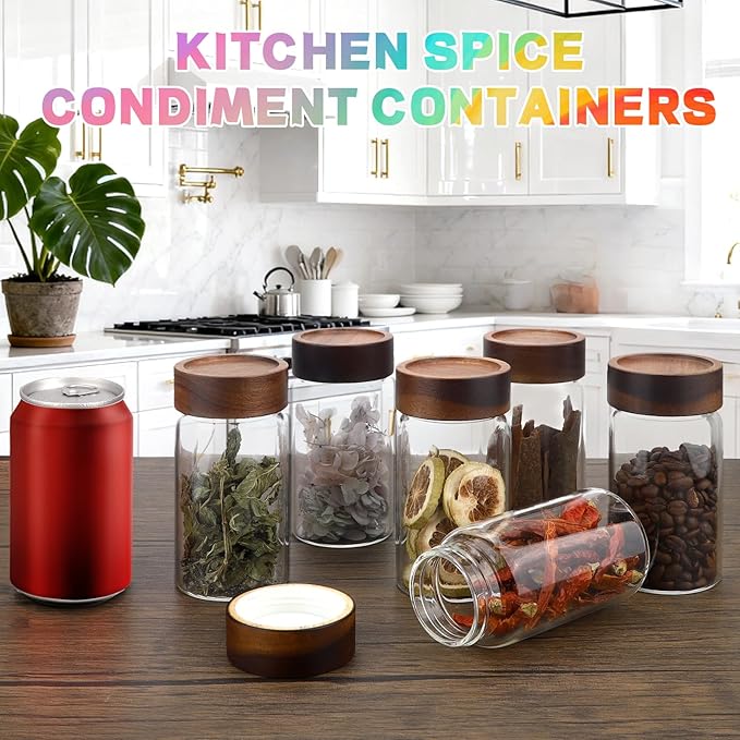 8oz Airtight Glass Jars Small Spice Storage Canister with Wooden Lid Clear Glass Food Container Canning Jar for Cookies Overnight Oats Yogurt Pantry Sugar Tea Coffee Bath Salts (6×250ml(8.4oz))