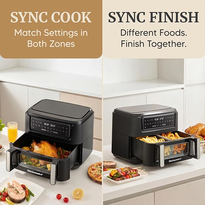Elite Gourmet Dual Zone Air Fryer Oven 11QT, Dual Basket Air Fryer with Divider, Sync Finish & Sync Cook, PFAS Free Nonstick, 10 Presets, Air Fry Bake Roast Broil Toast Dehydrate, 1600W Black