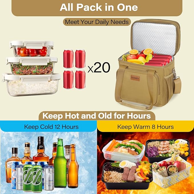 Expandable Large Lunch Box, Insulated Heavy Duty Lunch Bag Waterproof Leakproof Durable Cooler Bag for Men Women Adults Work Construction Camping Trip, 16L, Brown