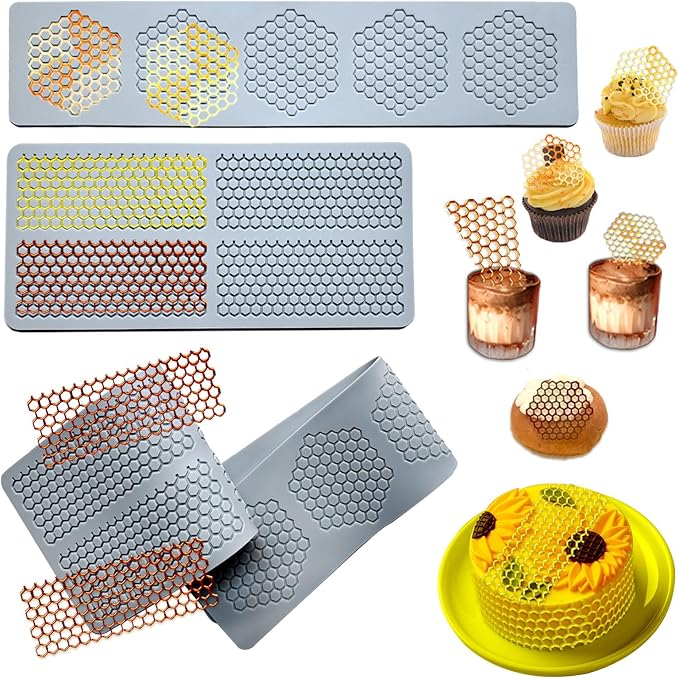 4PCS Honeycomb Mold,Tuile Molds Silicone Honeycomb Baking Mold,Beehive Mold Silicone Fondant Molds 3D Beehive Candy Silica Molds,Chocolate Mold Set Sugar Bees for Cake Decorating
