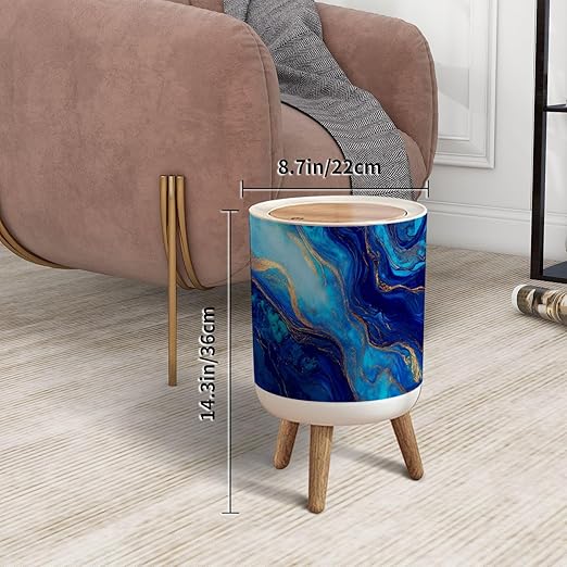 Trash Can with Lid Hand painted mixed liquid blue golden paints Abstract fluid acrylic Press Top Round Small Garbage Bin with Wooden Legs Waste Basket for Kitchen Bedroom Nursery 7L/1.8 Gallon