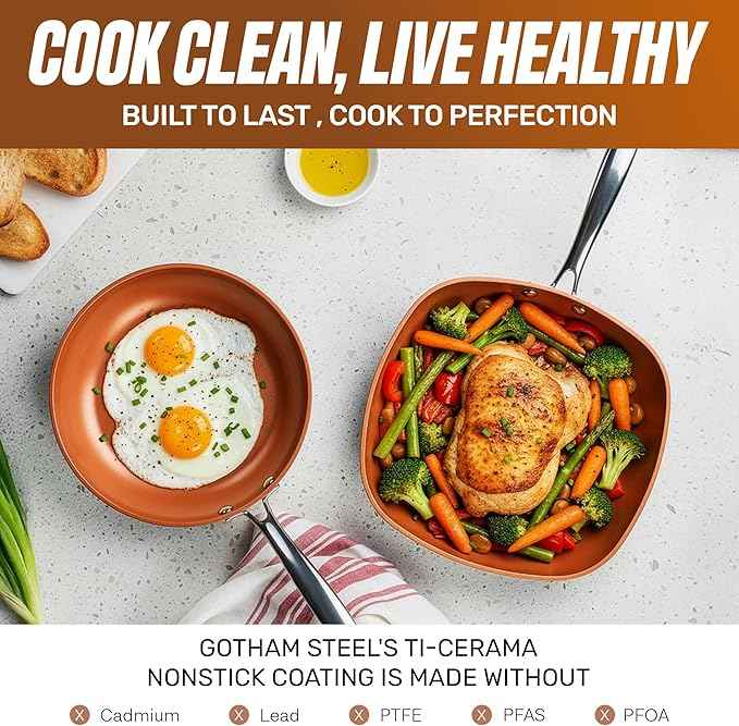 Gotham Steel 12 Pc Ceramic Cookware Set Nonstick, Ceramic Pots and Pans Set Non Stick with Steamer for Cooking, Non Toxic PFOA PFOS Free, Ergonomic Stay Cool Handles, Oven & Dishwasher Safe, Copper