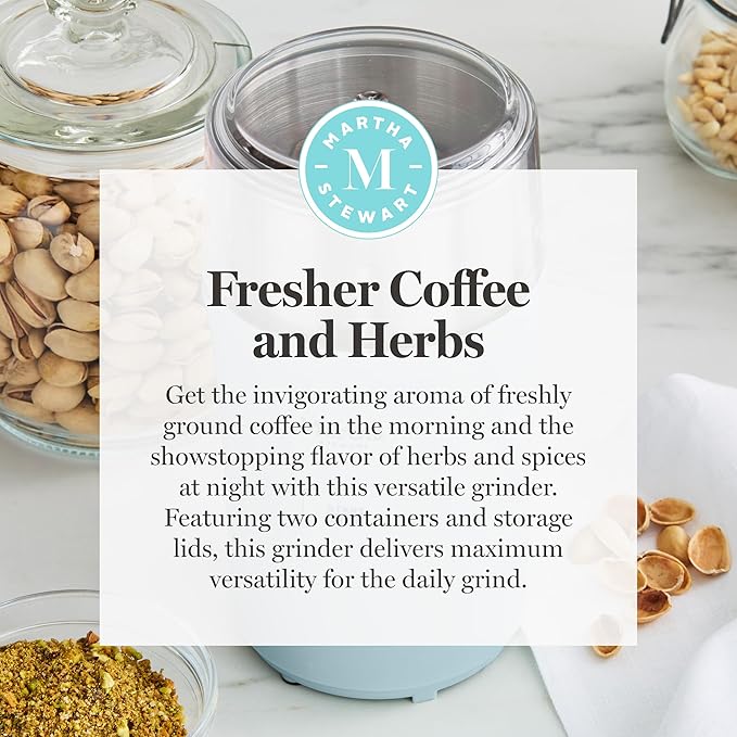 Martha Stewart Electric Coffee & Spice Grinder, Dual 2.5oz Removable Bowls, Storage Lids, Stainless Steel Blades, One Touch Pulse Control, 2-in-1 Compact, Beans & Spices, Herbs & Nuts, Sky Blue