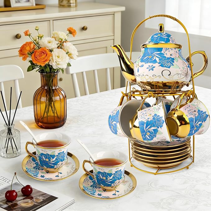 ALIMOTA 20 Pcs Porcelain Tea Set with Metal Holder and Spoon, European Ceramic Tea Set for Adults, European Flower Painting Teapot Cup Saucer Spoon Set for 6, Gift Pack (Blue and Pink)