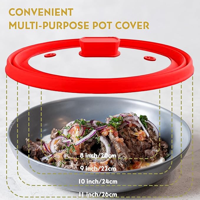 Collapsible Microwave Splatter Cover, Glass Silicone Foldable Microwave Lid for Food, 10.8 Inch Grease Splatter Guard for Pots, Pans & Bowls, Red