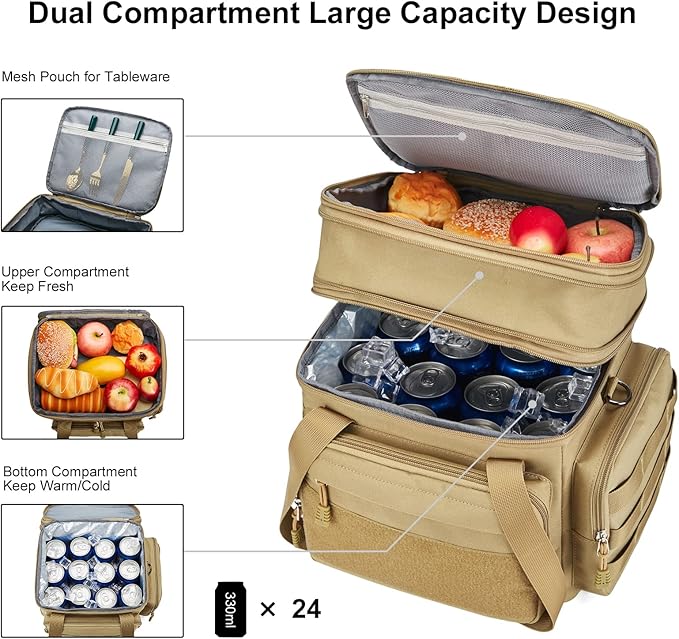 Gafetrey Tactical Lunch Box for Men, Insulated Lunch Bag Adult, Thermal Lunchbox Leakproof Waterproof Cooler Bag, Dual Compartment Lunch tote, Large Lunch Pail for Work Office Travel(Khaki) 15L