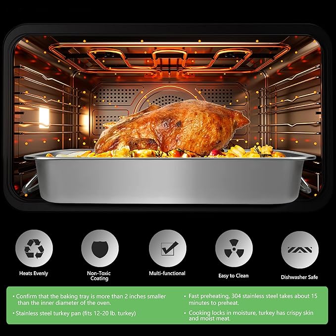 Stainless Steel Turkey Roasting Pan,Heavy Duty Nonstick Surface Roaster Pan Christmas Rectangular Lasagna Cake Baking Pans with Rack,Meat Claws, Turkey Fork,Silicone Brush,Tender Meat Needle