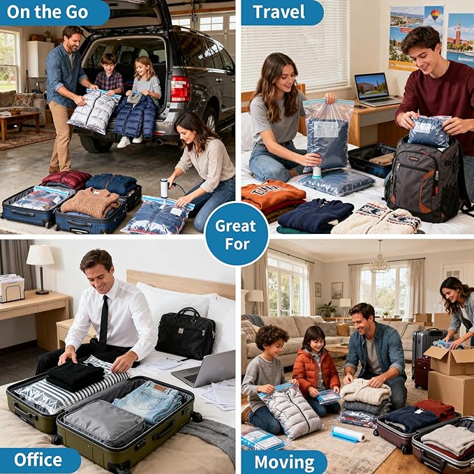 Travel Vacuum Storage Bags with hand Pump,15 Pack Compression Bags for Clothes, Space Saver for Luggage & Carry-on Suitcase, Leak-Proof