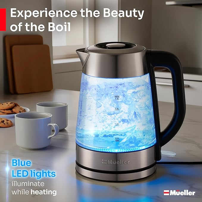 Mueller Rapid Boil Electric Tea Kettle 1.8L – Borosilicate Glass & Stainless Steel – BPA-Free Hot Water Boiler, LED Light, Auto Shut-Off, Boil Dry Protection Fast Water Heater – Kitchen Appliances