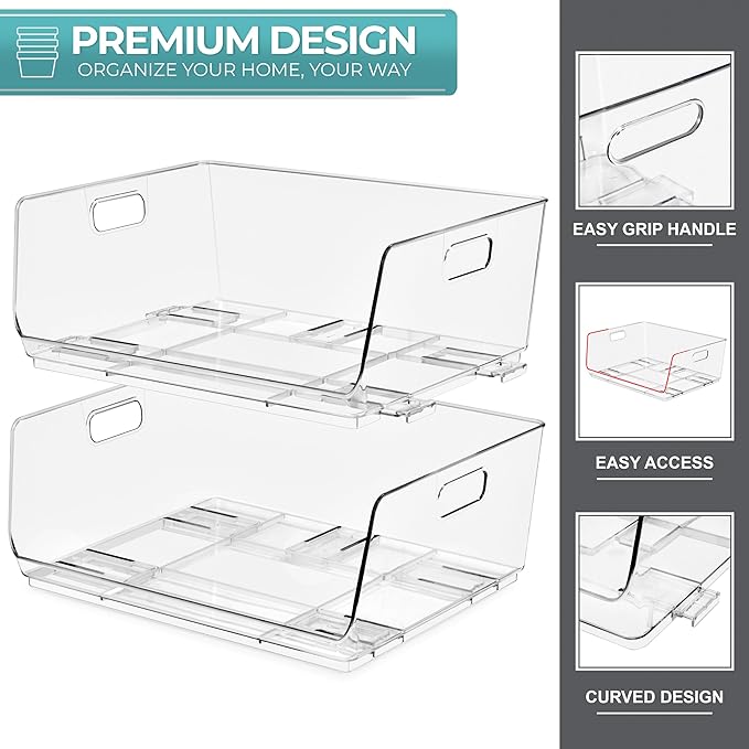 Sorbus Stackable Storage Bins Open Front - Clear Storage Bins - Pantry Bins for Storage and Organization - Acrylic Stackable Bins for Kitchen - Clear Pantry Organizer Bins (Large 2 Pack)