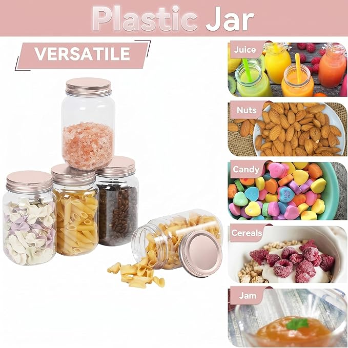 novelinks 16 oz Clear Plastic Jars with Lids, Refillable 16oz Mason Jars with Lids & Storage Containers for Kitchen & Household Use (5 Pack,Rose Gold)