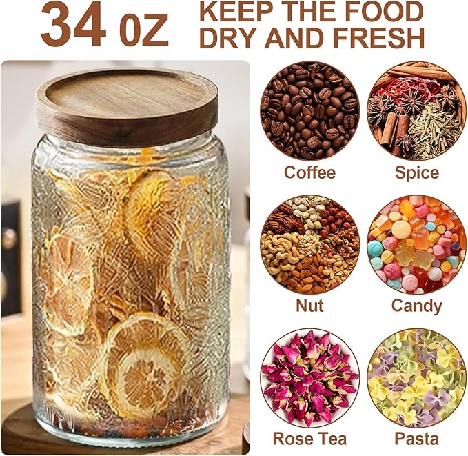 2-Pack 34 OZ Vintage Glass Jar with Lid, Airtight Food Storage Canisters with Bamboo for Kitchen Counter Pantry, Ideal for Coffee, Candy, Tea, Oats, Sugar, Cookies Decorative Jars
