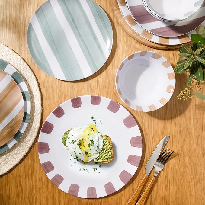 Gibson Home Cottage Stripes 12-Piece Melamine Plates and Bowls Dinnerware Set - Outdoor, Camping, & Everyday Use - Assorted Colors