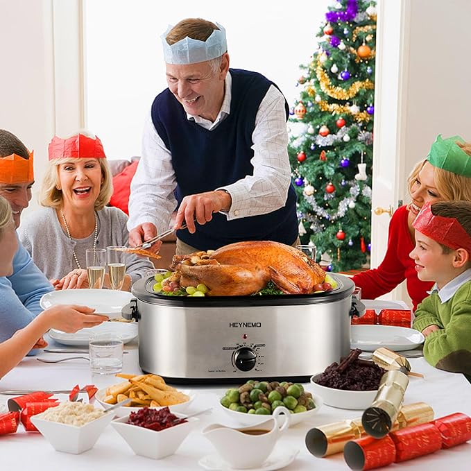 HEYNEMO Turkey Roaster Electric, 24 Quart Oven with Self-Basting Lid, Removable Pan and Rack, Adjustable Temperature Control Powerful 1450W Stainless Steel Oven, Silver