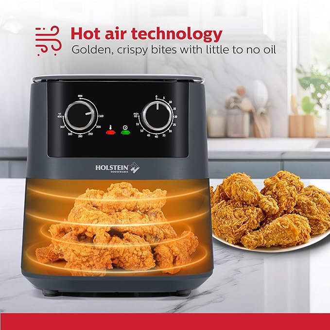 Holstein Housewares 4.4QT Air Fryer. Your All-in-One Culinary Solution. Air fry, roast, bake or grill. Adjustable temperature and time, Hot air technology and Dishwasher Safe, 1400W, Grey