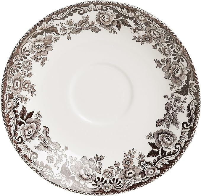 Spode Delamere 5-Piece Place Setting – Rich Brown British Flowers Border, Includes Dinner, Salad, Bread Plates with Teacup & Saucer – Fine Earthenware, Dishwasher, Microwave, Oven & Freezer Safe