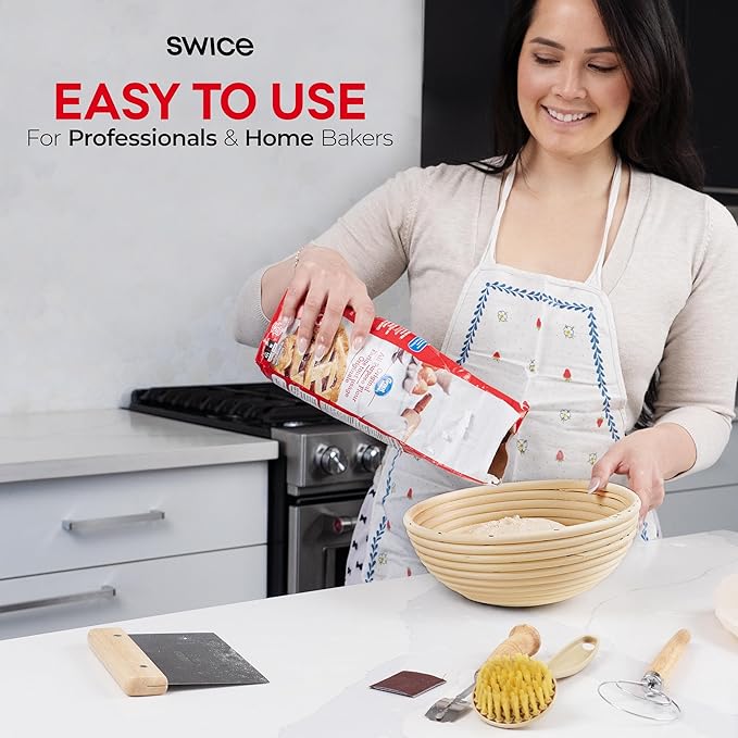 Swice Bread Proofing Basket, Round 9-Inch Banneton Sourdough Starter Kit with Lame, Dough Scraper, Linen Liner, and Basting Brush, Complete Bread Making Supplies and Tools