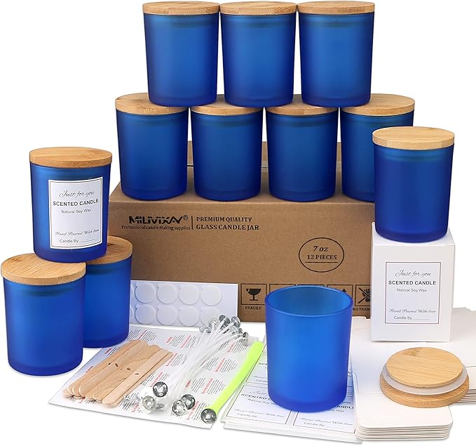 MILIVIXAY 12 Pack 7 OZ Frosted Blue Glass Candle Jars with Lids and Candle Making Kits - Bulk Empty Candle Jars for Making Candles - Spice, Powder Containers.