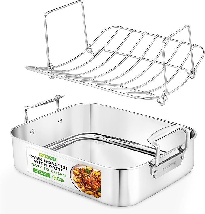 NutriChef 14-Inch Stainless Steel Kitchen Roasting Pan with Polished Wire Rack - Versatile Baking Set for Turkey, Chicken, Meats, & More - Premium & Heavy Duty Roaster for Oven w/ Built-In Handles