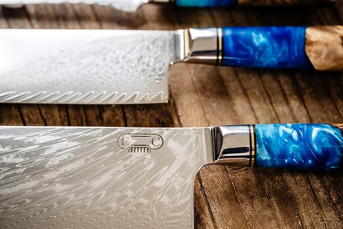 Epicurean Cook Tidal Collection 8 PCS Damascus Knife Set Japanese Kitchen Knives with VG10 Steel Core Ultra-Sharp Professional Chef Knife Set with Elegant Box and Blue Resin and Burl Wood Handles