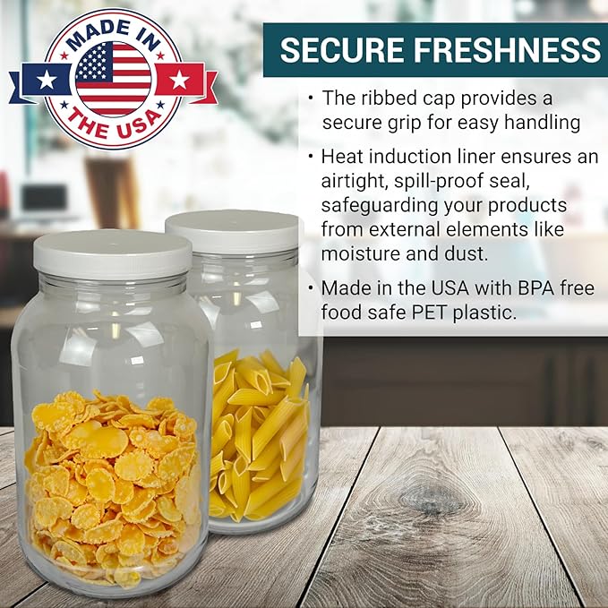 1 Gallon Large Plastic Jars with Lids (4 Pack) - Food Safe & Air Tight - Large Clear Plastic Jars with Lids - Wide Mouth Food Storage Containers - Kitchen & Pantry Organization by Billy Buckskin