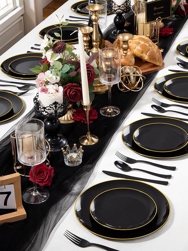 WDF 180 Pieces Black Plastic Silverware - Plastic Silverware Set Include 60 Forks, 60 Knives, 60 Spoons - Heavy Duty Black Disposable Cutlery - Disposable Utensils for New Year, Wedding