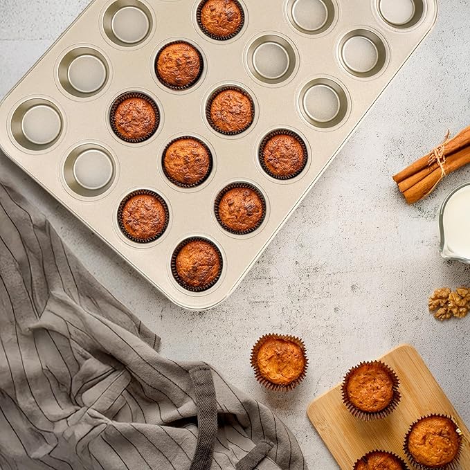 Beasea Nonstick Mini Muffin Pan 24 Cups, 2 Pack 24 Mini Small Tiny Cup Non Stick Muffin Baking Pan Tin Tray Carbon Steel Bakeware Individual Cupcake Baking Pan - Gold