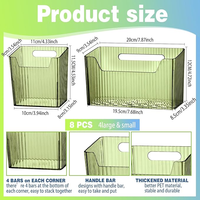 8 Pcs Storage Organizer Bins Wall Mounted Organizer Basket Plastic Cabinet Door Bins Stackable Hanging Baskets for Organizing for Wall Refrigerator Kitchen Bathroom Pantry(3.94'',Green)