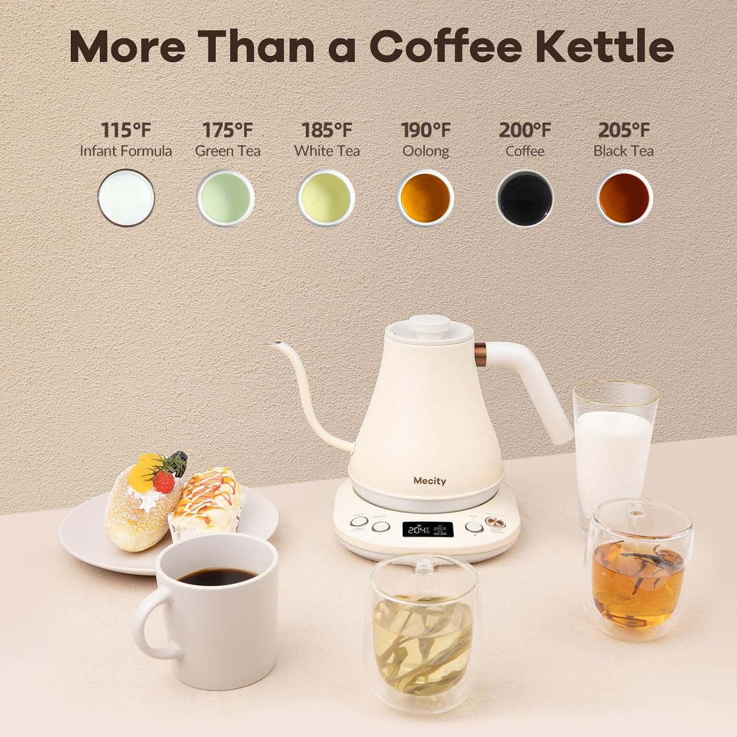 Mecity Electric Gooseneck Kettle With Keep Warm Function & LCD Display Automatic Shut Off Coffee Kettle Temperature Control Pour Over Kettle 1200 Watt, 0.8L, 120V, Off White