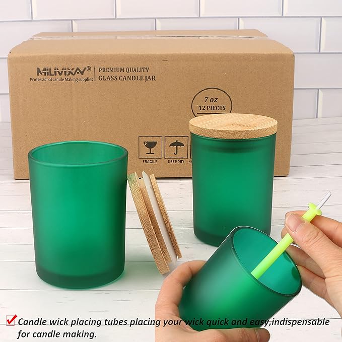 MILIVIXAY 12 Pack 7 OZ Matt Green Glass Candle Jars with Lids and Candle Making Kits - Bulk Empty Candle Jars for Making Candles - Spice, Powder Containers.