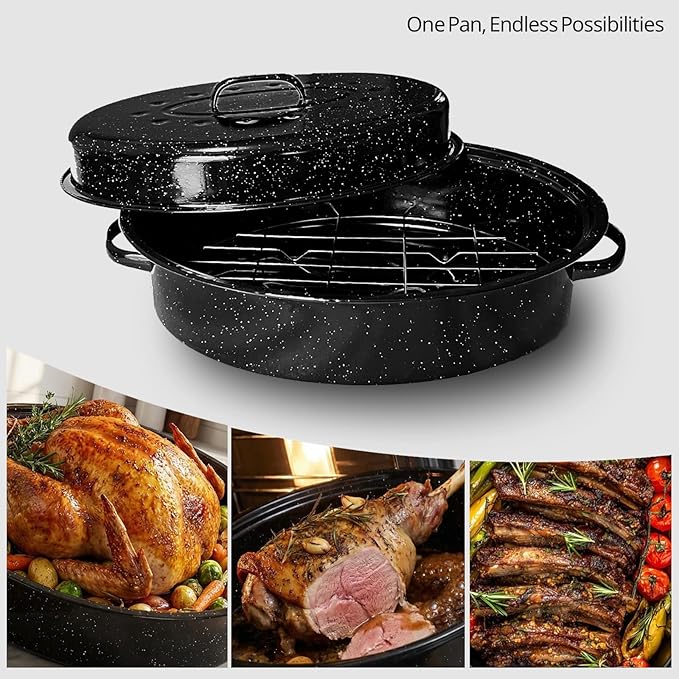 Oval Roasting Pan with Lid and Rack 18" Large Roaster Pan Set Comes With Lron Rack Enamel Cook Ware Dishwasher Compatibility Granite Oven Roaster
