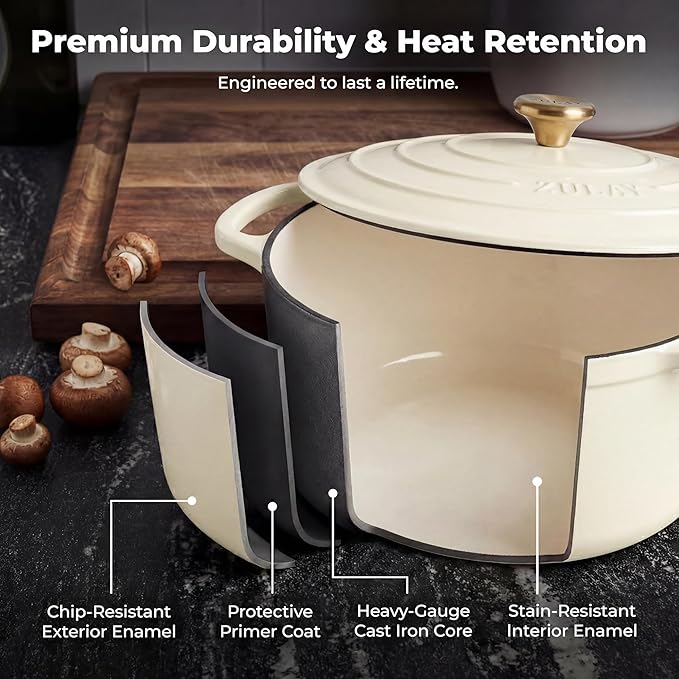 Zulay Kitchen 5 Quart Enameled Cast Iron Dutch Oven Pot with Lid – Premium Durability & Oven Safe up to 500°F – Heavy Duty Cookware Perfect for Bread Baking, Stews, Braising & Roasting – Ivory