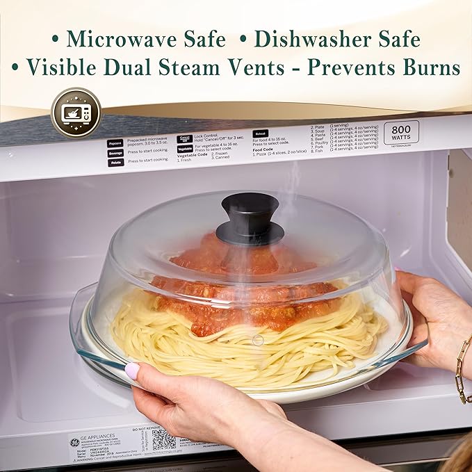 Le’raze Tall Glass Microwave Splatter Cover for Food - Cookware & Bakeware Serving Dish Cover, Plate Guard Lid with Easy Grip Silicone Handle Knob - 100% Food Grade BPA Free & Dishwasher Safe - 10in
