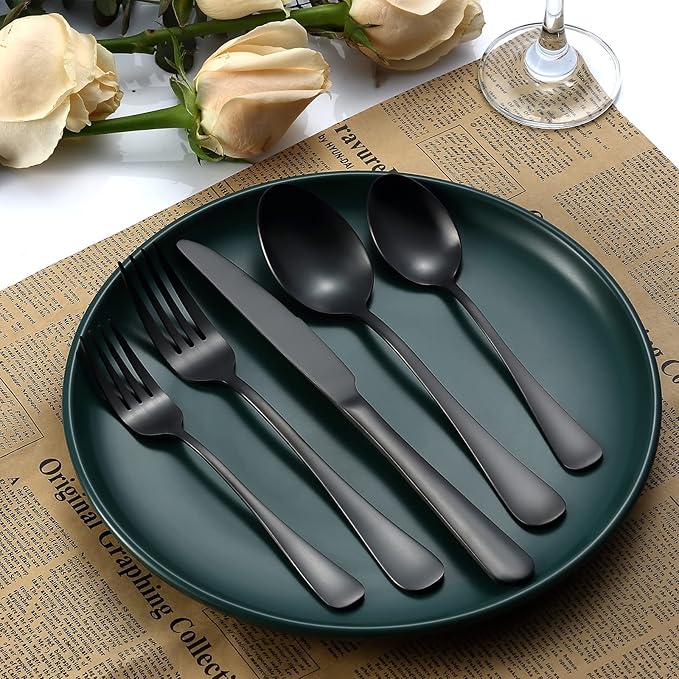Briout Matte Black Silverware Set, Stainless Steel Cutlery Set Service for 4, Black Flatware Utensil Set Include Fork Knife Spoon for Kitchen Home Restaurant, Premium Tableware