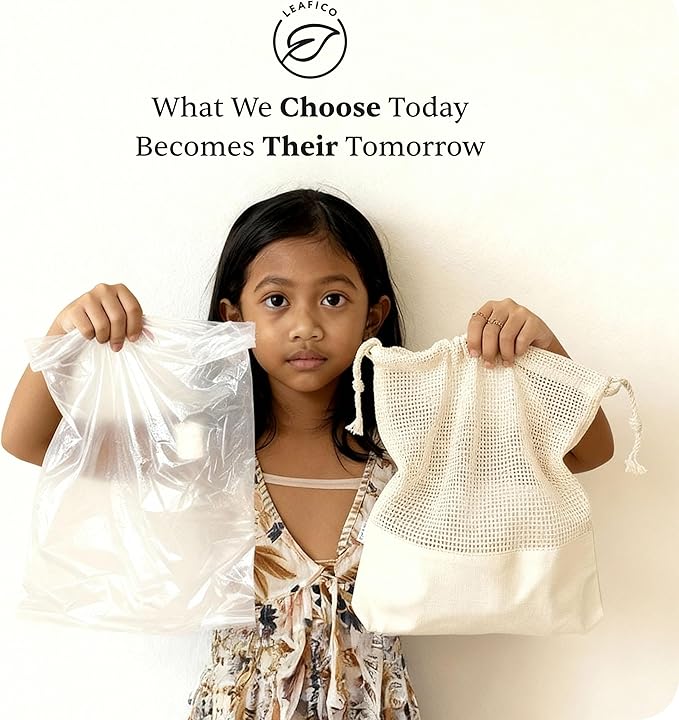 LEAFICO Reusable Produce Bags – 100% Cotton Mesh & Solid Hybrid (Medium 10x12 inch 3 Pcs) – Grocery Storage Bags for Fruit, Vegetables, Bulk Food – Washable, Plastic-Free, Breathable, Zero Waste