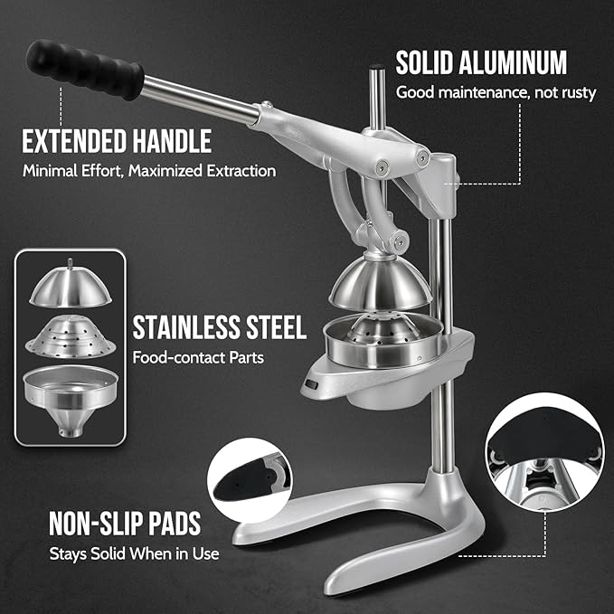 Manual Juicer, Sopito Effortless Stainless Steel Juicer Press Heavy Duty Citrus Squeezer for Orange Lemon Grapefruit Pomegranate, Easy to Clean