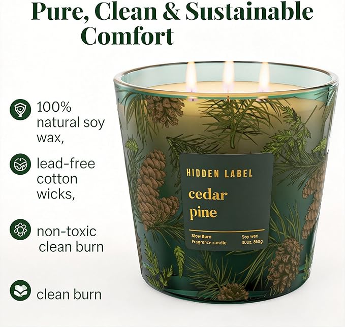 Cedar Pine Scented Candle, 30oz Natural Soy Wax, 3 Wick Large Winter Forest Candle for Home, 100+ Hours Clean Burn, Fresh Cut Christmas Tree Aroma for Holiday Decor, Stress Relief & Gifting