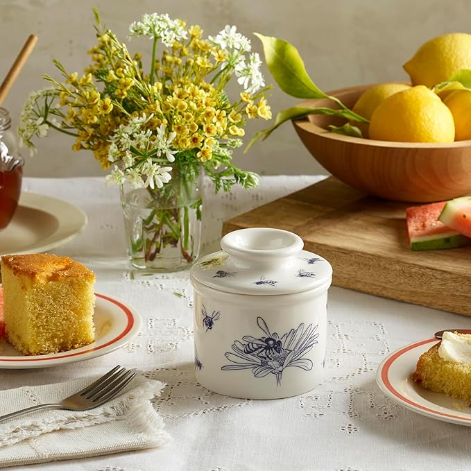 Butter Bell - The Original Butter Bell crock by L Tremain, a Countertop French Ceramic Butter Dish Keeper with Lid for Spreadable Butter, Farmhouse Collection, Honey Bees, Blue & White